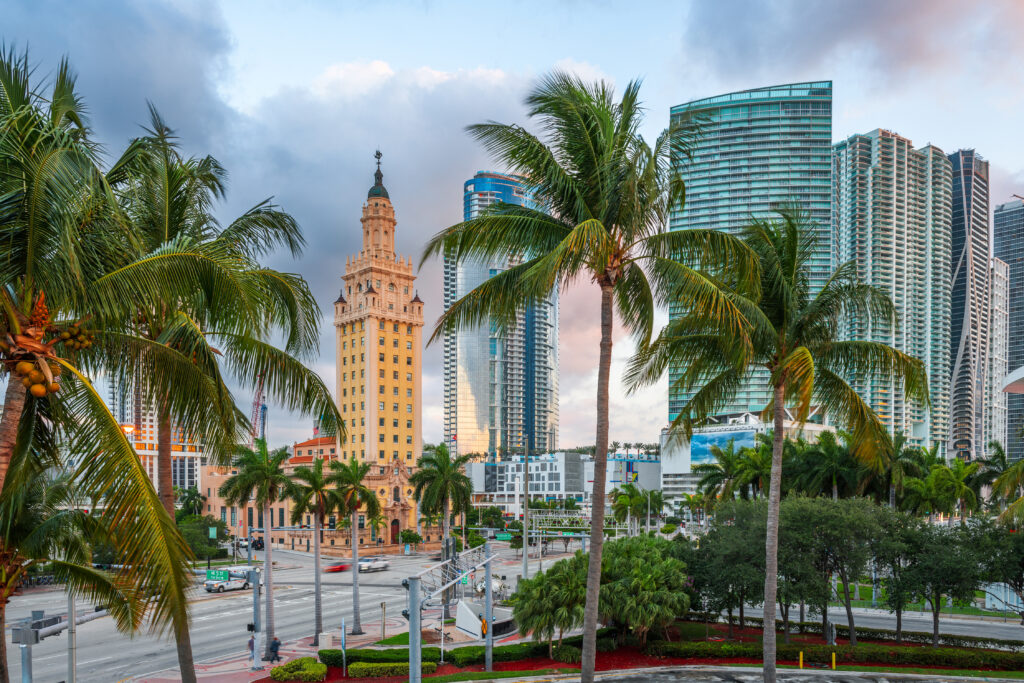 View of downtown Miami, Florida, featuring palm trees, the historic Freedom Tower, and modern skyscrapers under a partly cloudy sky—a harmonious setting for exploring both the city's vibrant culture and specialized services like pelvic therapy in Miami, FL.